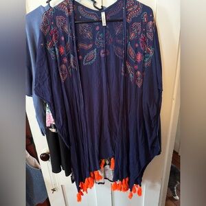 Francesca's Collections Navy Embroidered Top with Orange Accents